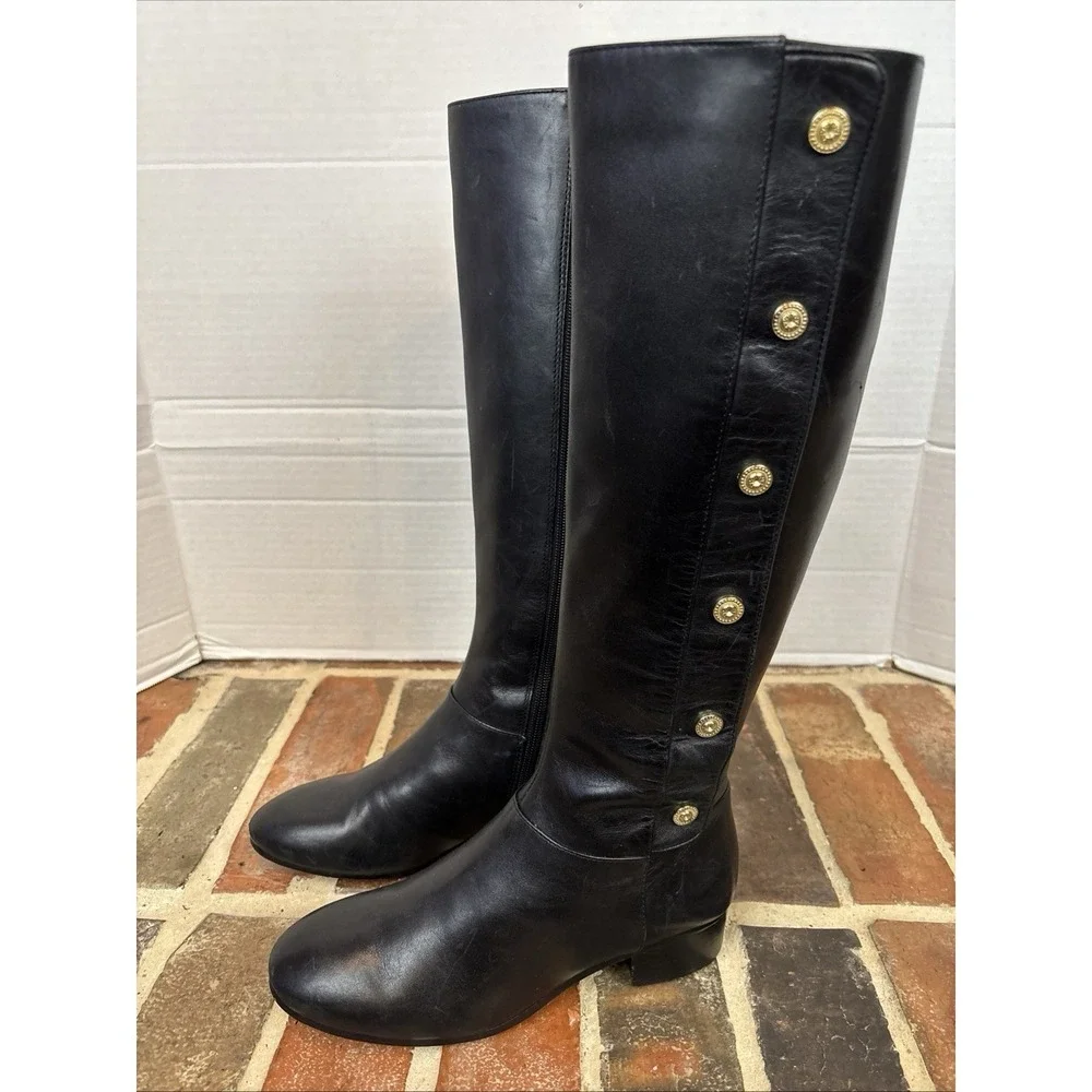 Nine West Black Leather Knee High Riding Boots w/ Gold‎ Buttons Size 6M  (T39)